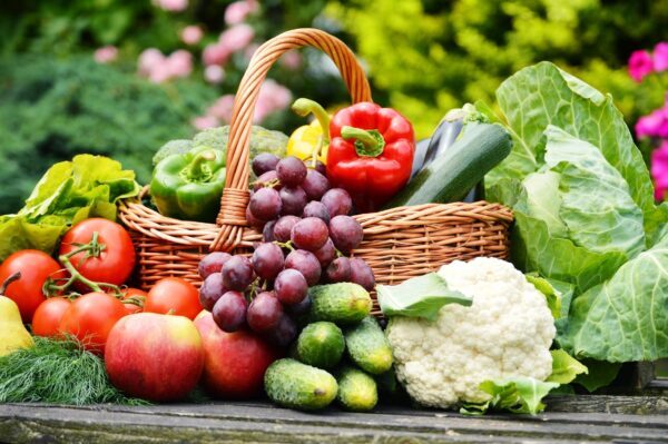 Canasta de vegetales frescos en un jardín.