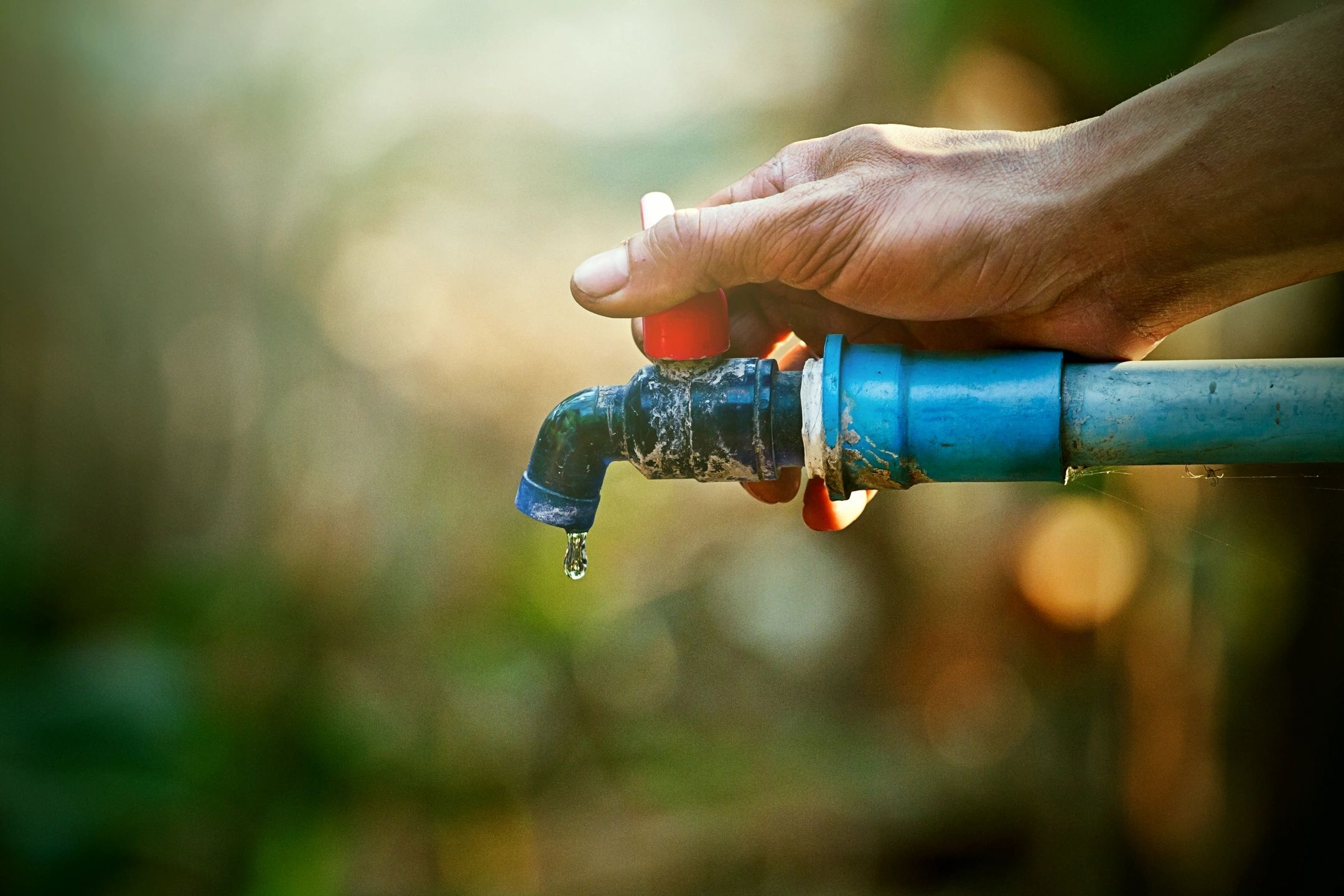 Una mano cerrando un grifo de agua, con un fondo borroso de naturaleza.