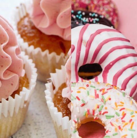 Imagen dividida con cupcakes en la parte superior y donas glaseadas en la inferior.