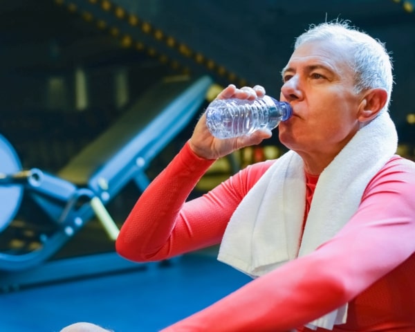 Persona mayor hidratándose con una botella de agua en el gimnasio.