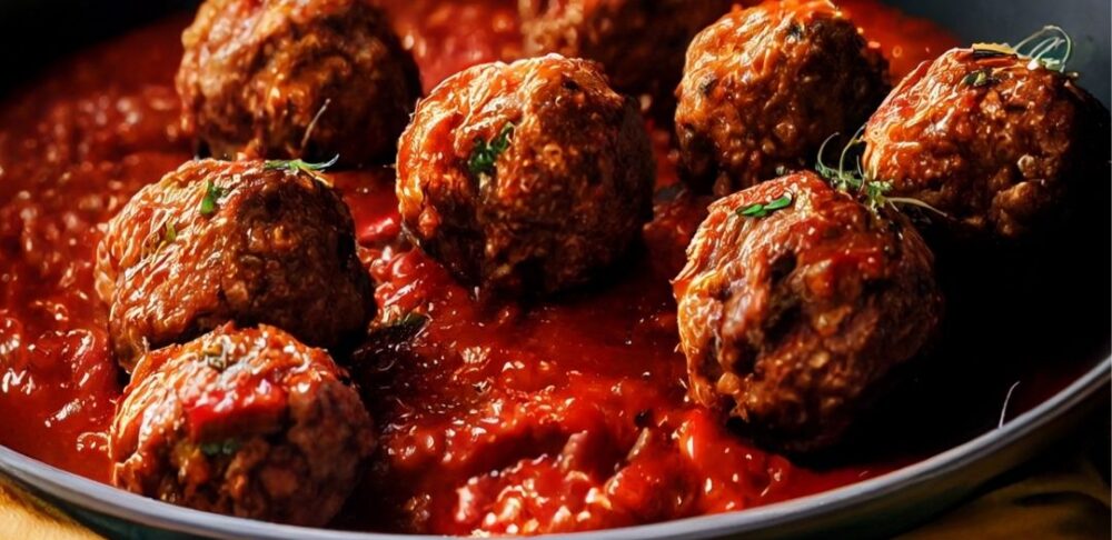 Albóndigas jugosas en salsa de tomate roja servidas en una sartén, ideal para una dieta rica en proteínas.