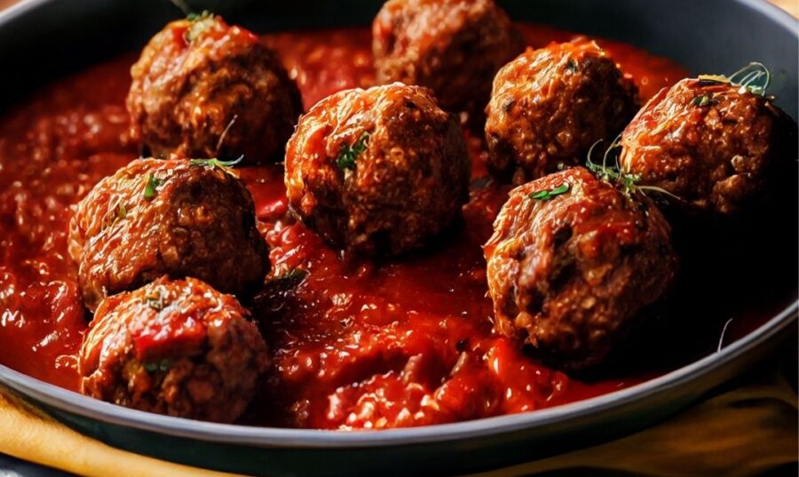 Albóndigas jugosas en salsa de tomate roja servidas en una sartén, ideal para una dieta rica en proteínas.