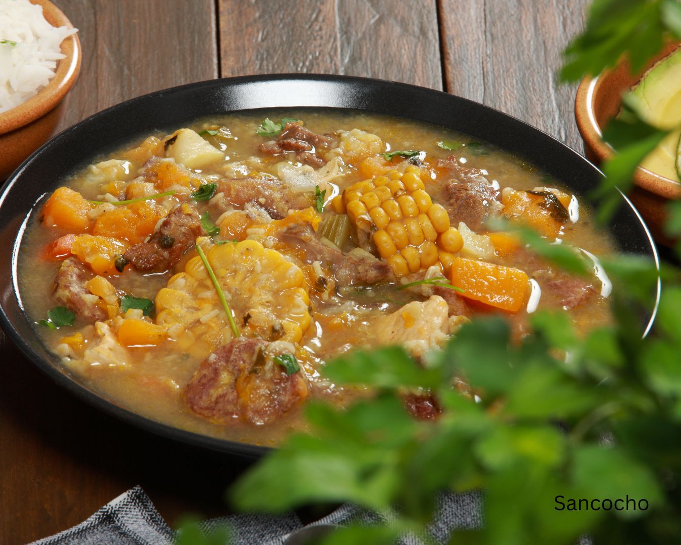 Plato de sancocho con carne, vegetales y viandas acompañado de arroz blanco y aguacate.