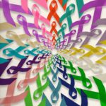 Una espiral de lazos de varios colores simbolizando distintas causas de concienciación, incluyendo cáncer, salud mental, y otras iniciativas sociales y de salud.