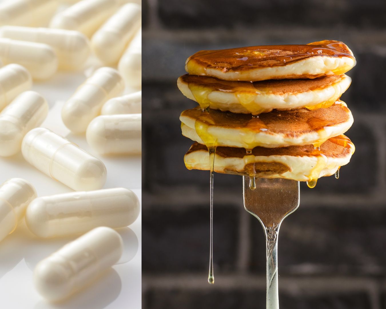 Comparación visual de cápsulas blancas de enzimas para el gluten junto a una torre de pancakes con miel goteando.