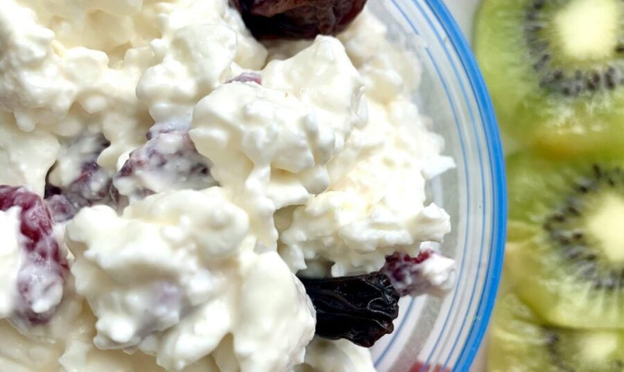 Tazón de requesón bajo en grasa con pasas, acompañado de fresas y rodajas de kiwi, ideal para una merienda saludable en adultos mayores.