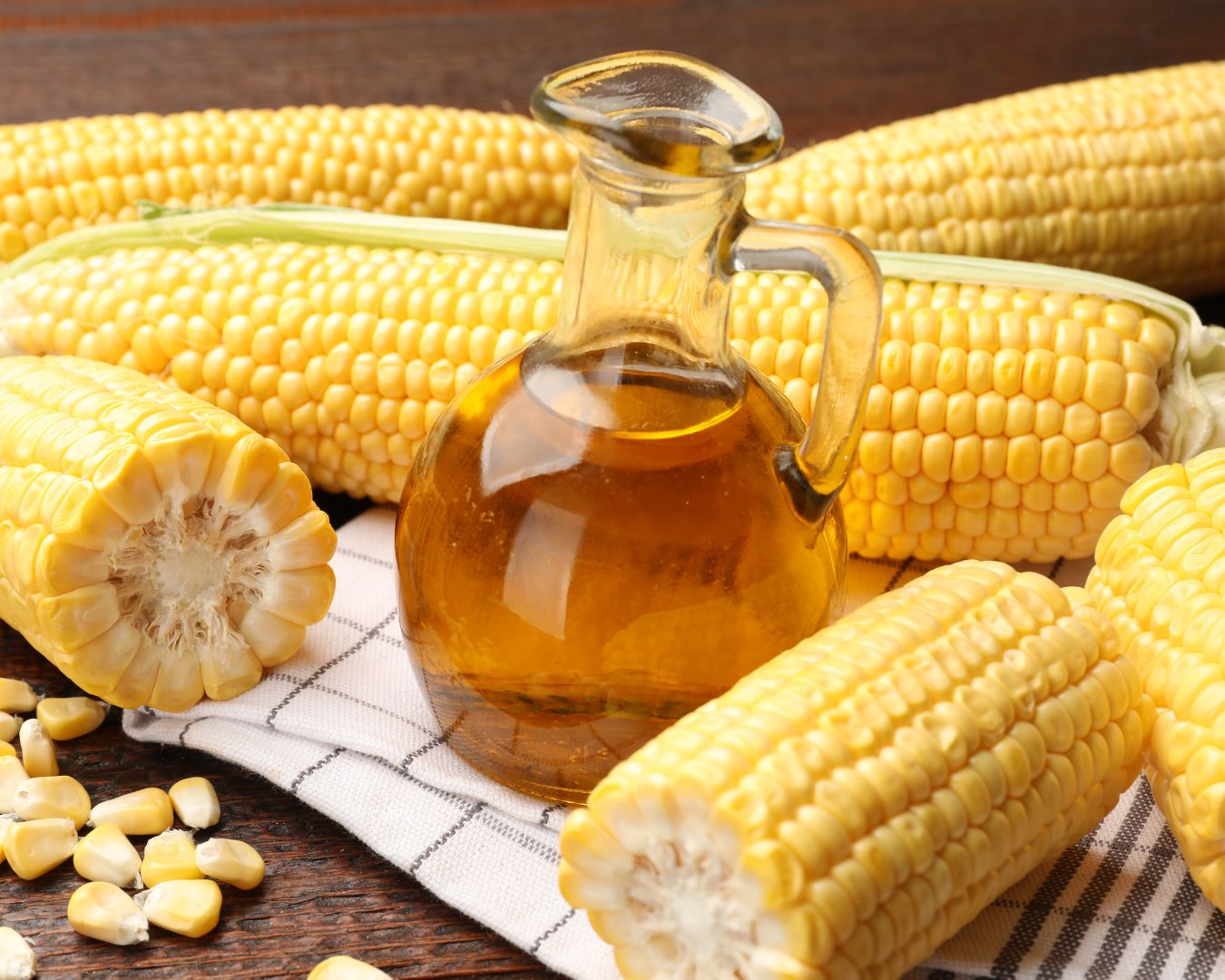 Jarabe de maíz alto en fructosa en frasco, rodeado de mazorcas de maíz, que simboliza el origen del HFCS utilizado en alimentos procesados.