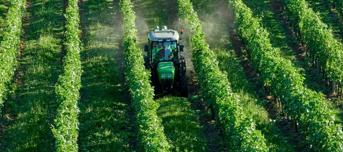 Vista aérea de un tractor aplicando pesticidas entre hileras de cultivos agrícolas verdes. La imagen ilustra el uso de pesticidas en la producción de alimentos y la importancia de adoptar medidas para reducir la exposición a sus residuos.