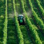 Vista aérea de un tractor aplicando pesticidas entre hileras de cultivos agrícolas verdes. La imagen ilustra el uso de pesticidas en la producción de alimentos y la importancia de adoptar medidas para reducir la exposición a sus residuos.