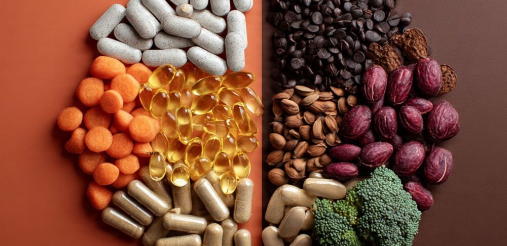 Composición dividida en dos mitades: a la izquierda aparecen varios suplementos dietéticos, como cápsulas, tabletas y cápsulas blandas; a la derecha se observan alimentos como cacao, aceitunas, pistachos y brócoli. La imagen ilustra la relación entre los alimentos, los suplementos y las declaraciones de propiedades saludables.