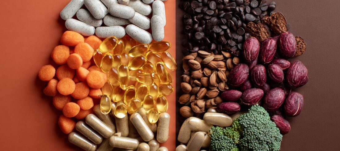 Composición dividida en dos mitades: a la izquierda aparecen varios suplementos dietéticos, como cápsulas, tabletas y cápsulas blandas; a la derecha se observan alimentos como cacao, aceitunas, pistachos y brócoli. La imagen ilustra la relación entre los alimentos, los suplementos y las declaraciones de propiedades saludables.