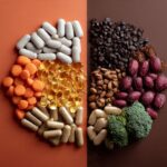Composición dividida en dos mitades: a la izquierda aparecen varios suplementos dietéticos, como cápsulas, tabletas y cápsulas blandas; a la derecha se observan alimentos como cacao, aceitunas, pistachos y brócoli. La imagen ilustra la relación entre los alimentos, los suplementos y las declaraciones de propiedades saludables.
