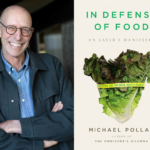 Retrato de Michael Pollan junto a la portada de su libro En defensa de los alimentos, una obra que promueve una alimentación basada en alimentos frescos y mínimamente procesados.