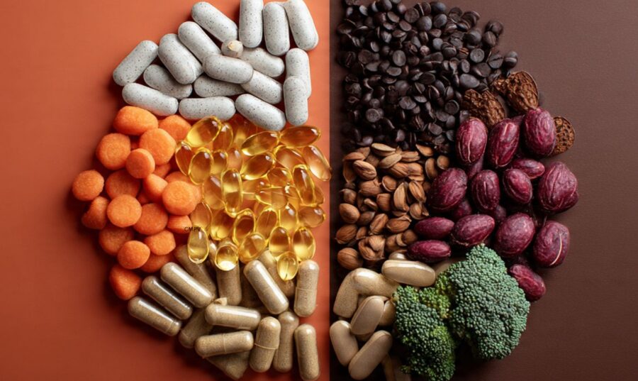 Alimentos y suplementos: ¿qué dicen realmente las declaraciones de propiedades saludables? Composición dividida en dos mitades: a la izquierda aparecen varios suplementos dietéticos, como cápsulas, tabletas y cápsulas blandas; a la derecha se observan alimentos como cacao, aceitunas, pistachos y brócoli. La imagen ilustra la relación entre los alimentos, los suplementos y las declaraciones de propiedades saludables.