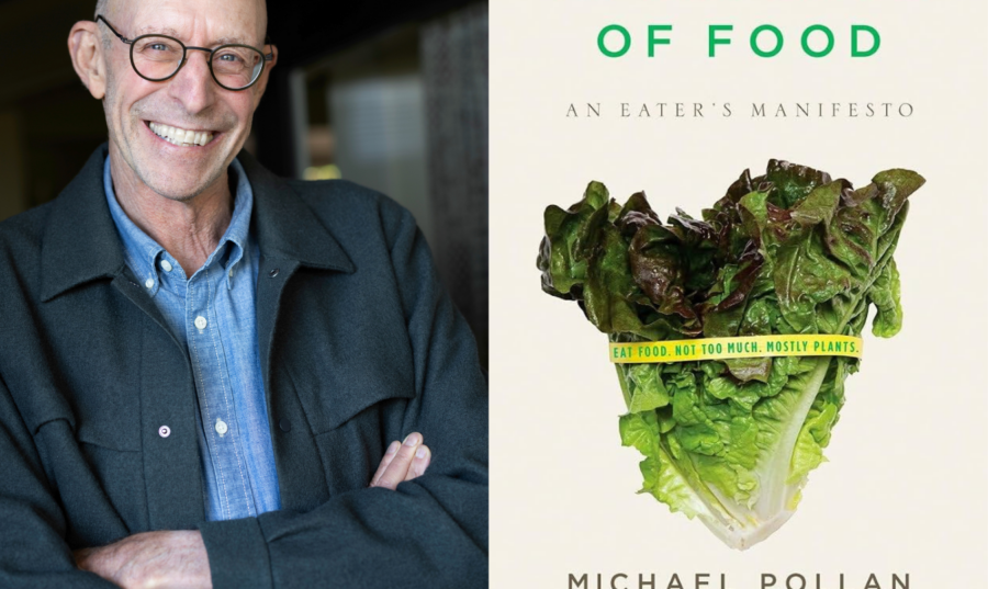 Michael Pollan y las Ideas que Cambiaron Nuestra Forma de Entender la Alimentación Retrato de Michael Pollan junto a la portada de su libro En defensa de los alimentos, una obra que promueve una alimentación basada en alimentos frescos y mínimamente procesados.
