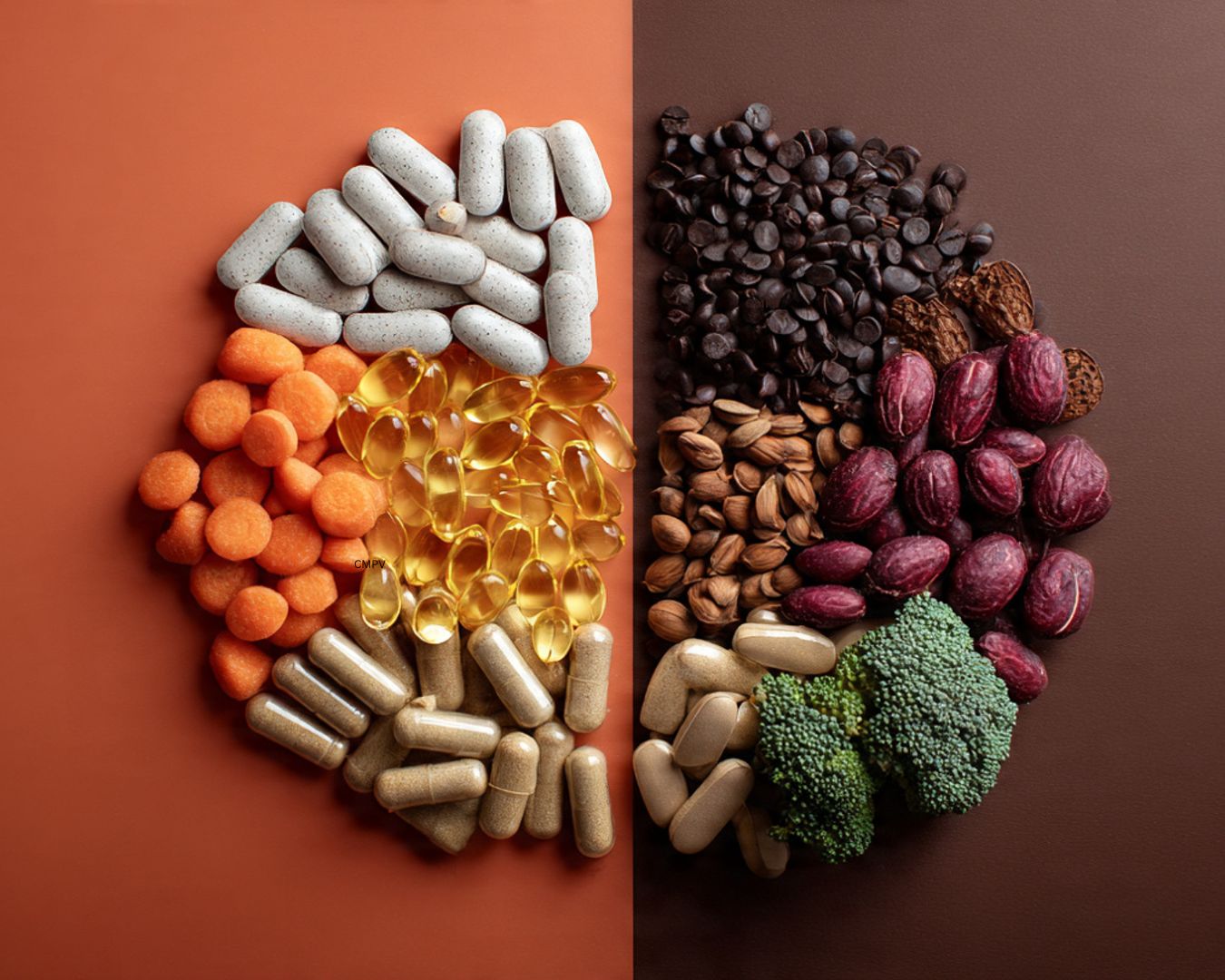 Composición dividida en dos mitades: a la izquierda aparecen varios suplementos dietéticos, como cápsulas, tabletas y cápsulas blandas; a la derecha se observan alimentos como cacao, aceitunas, pistachos y brócoli. La imagen ilustra la relación entre los alimentos, los suplementos y las declaraciones de propiedades saludables.