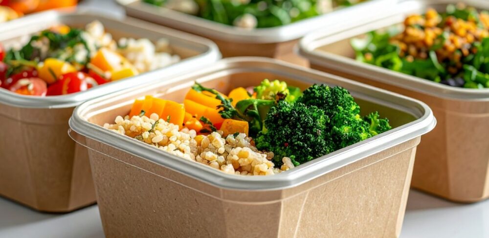 Recipientes con alimentos preparados que ilustran la importancia de utilizar envases aptos para microondas al recalentar alimentos.