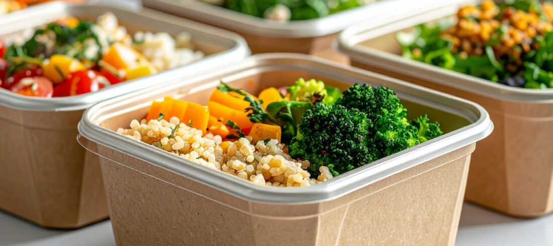 Recipientes con alimentos preparados que ilustran la importancia de utilizar envases aptos para microondas al recalentar alimentos.