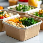 Recipientes con alimentos preparados que ilustran la importancia de utilizar envases aptos para microondas al recalentar alimentos.
