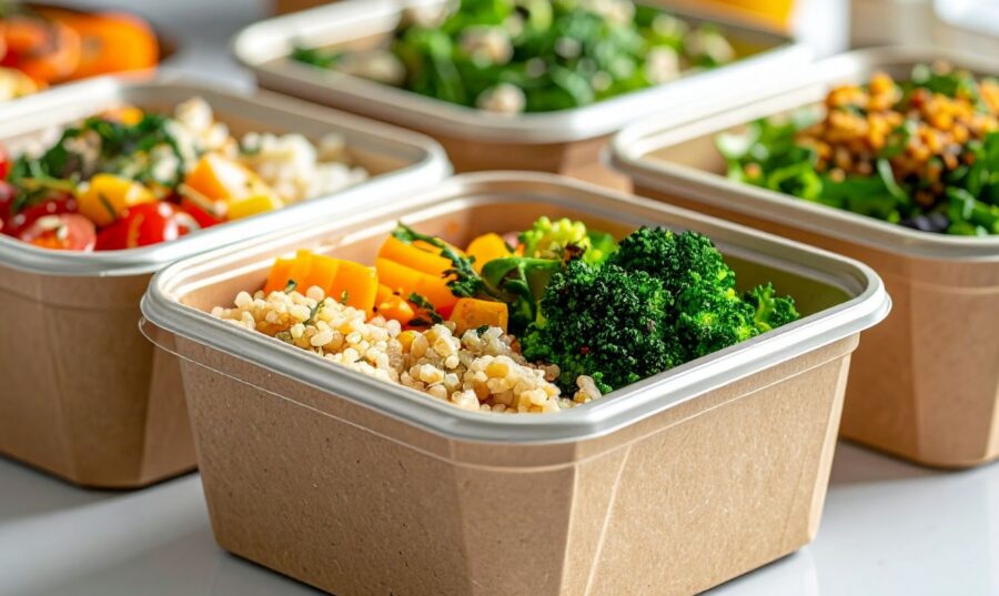 Recipientes con alimentos preparados que ilustran la importancia de utilizar envases aptos para microondas al recalentar alimentos.