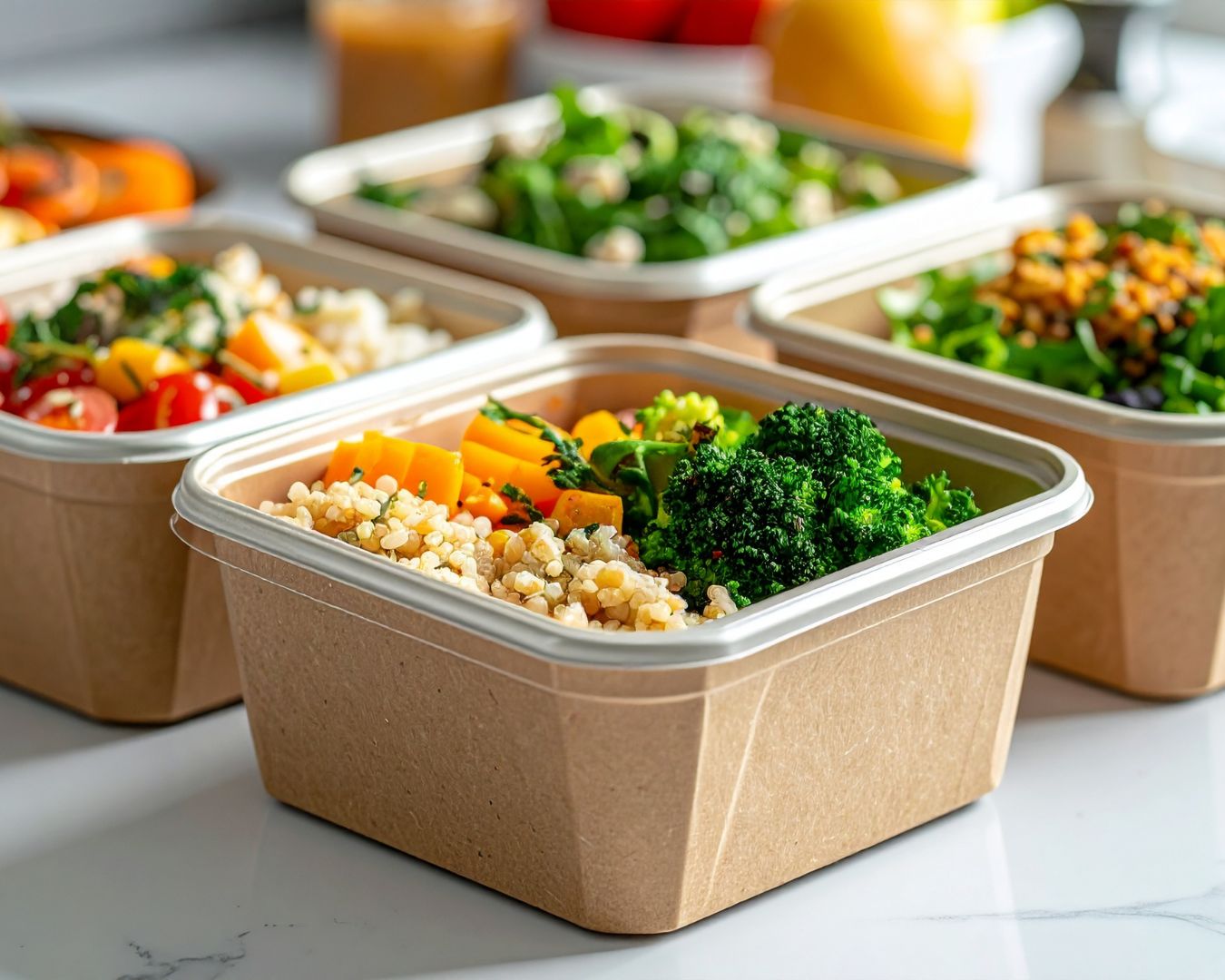 Recipientes con alimentos preparados que ilustran la importancia de utilizar envases aptos para microondas al recalentar alimentos.
